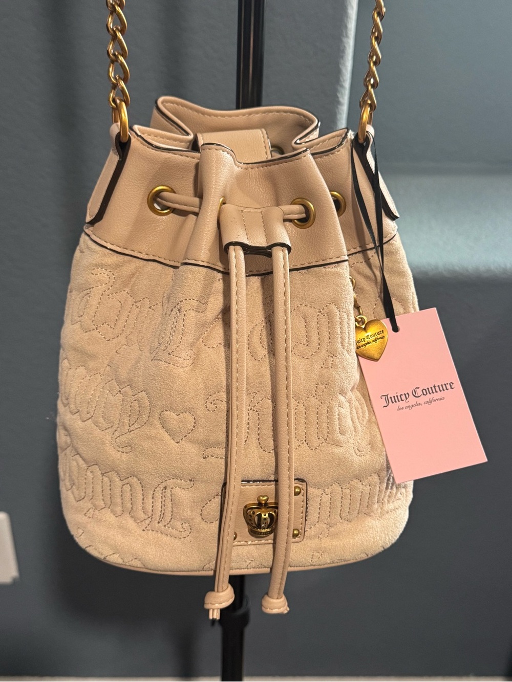 Juicy Couture Beige Drawstring Bucket Crossbody Bag